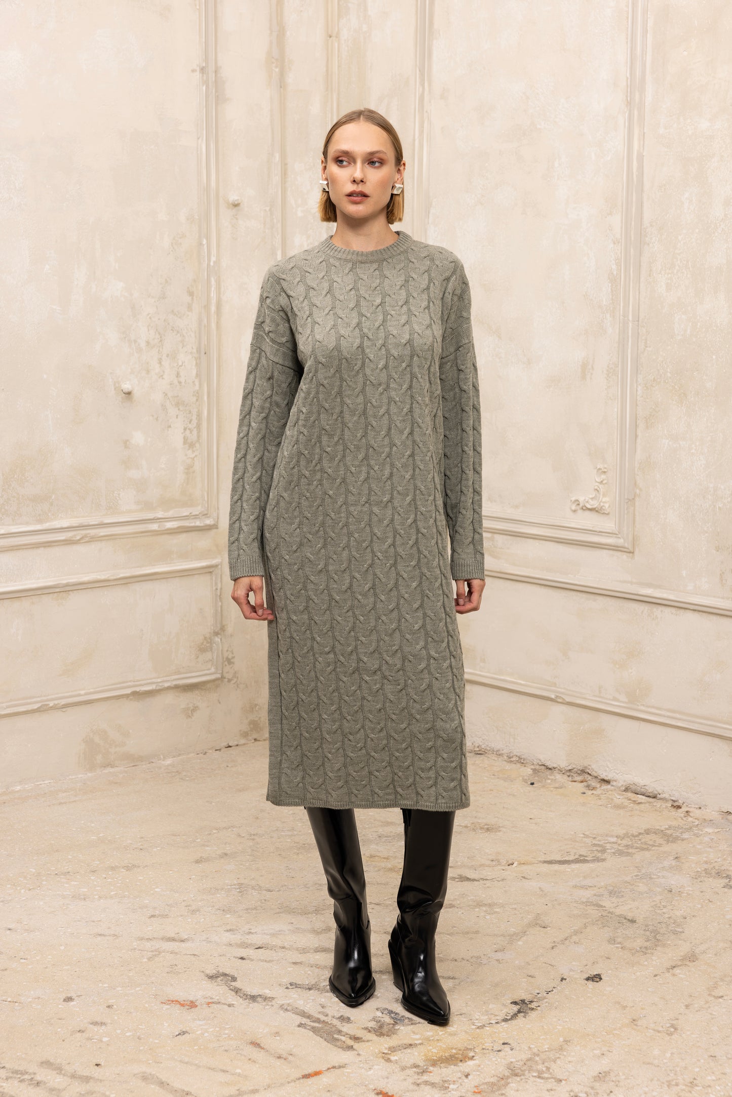 Hygge Midi Knit Dress Light Chaki