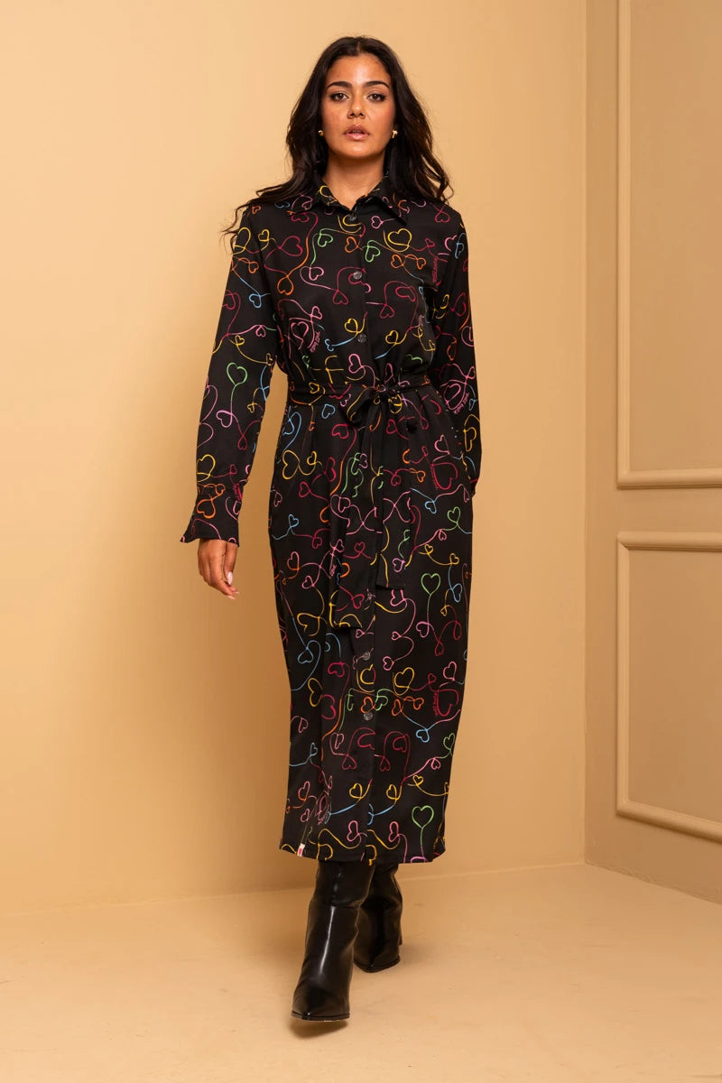 Saly Shirt Dress Black Connecting Hearts Σεμιζιέ Φόρεμα με Τσέπες & Ζώνη Petit Boutik