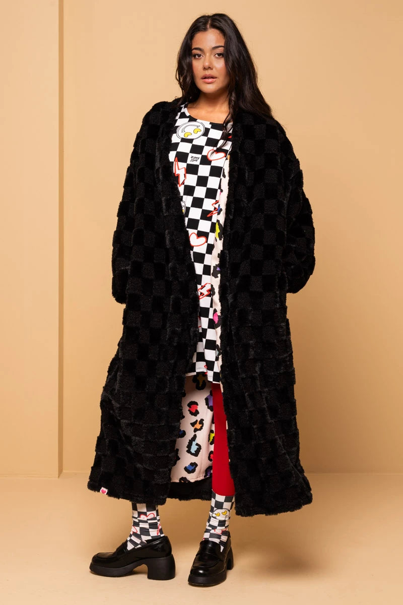 Bianca Coat Synthetic Fur Black 3D Checkered Παλτό Embroidery Heart Petit Boutik