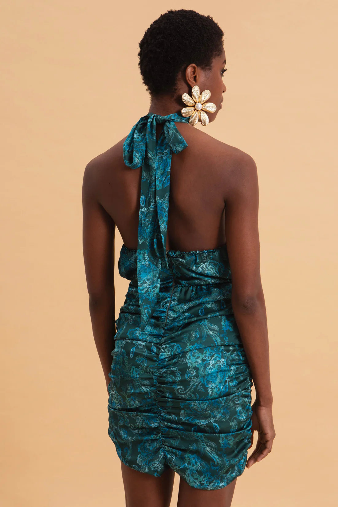 TEAL ELEGANCE MINI SATIN HALTERNECK DRESS
