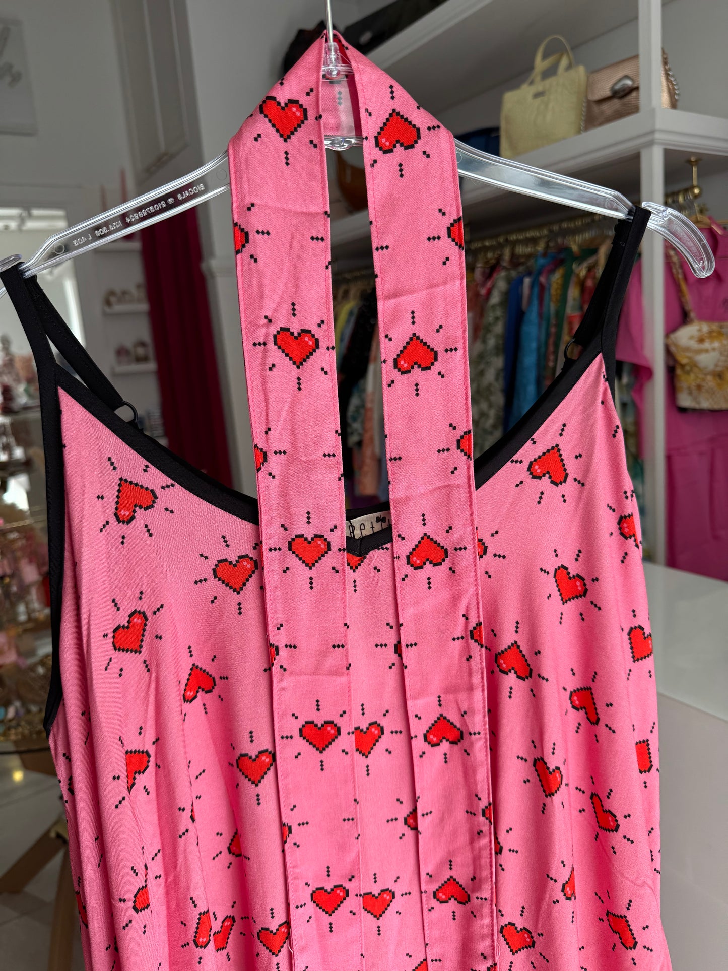 Matina Dress Vis Pink Hearts Pixel Φόρεμα με Ζώνη & Τσέπες Petit Boutik