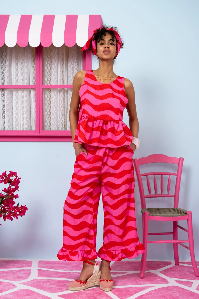 Lila Top Blouse Frill Pink Red Waves Μπλούζα Petit Boutik