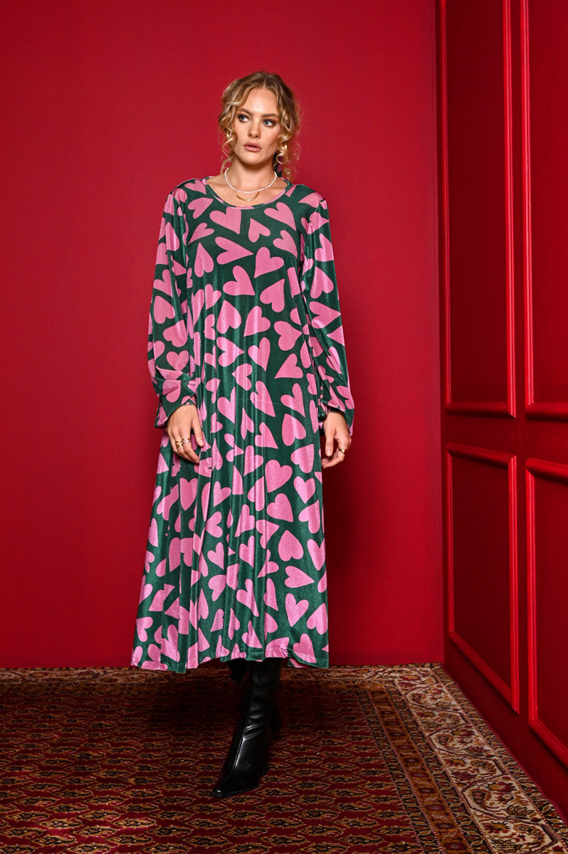 Dolores Dress Green Pink Hearts Velvet Rip Φόρεμα με Ζώνη & Τσέπες Petit Boutik