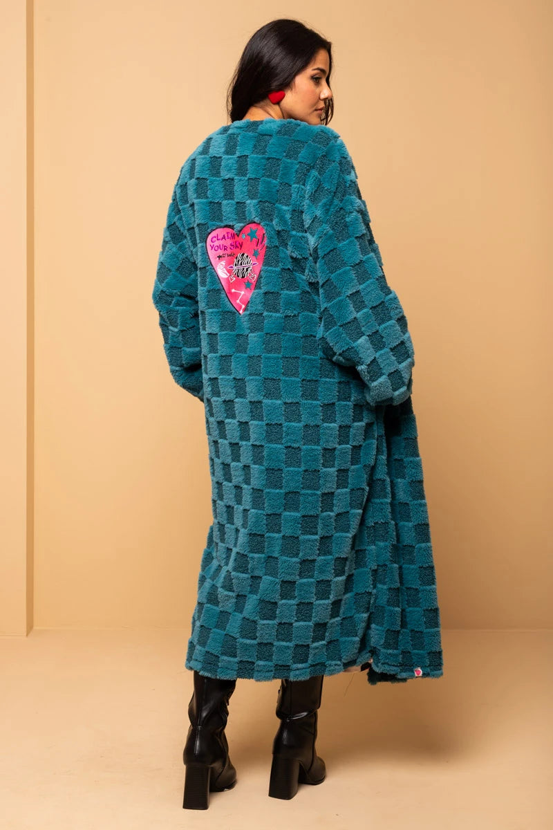 Bianca Coat Synthetic Fur Petrol 3D Checkered Παλτό Embroidery Heart Petit Boutik