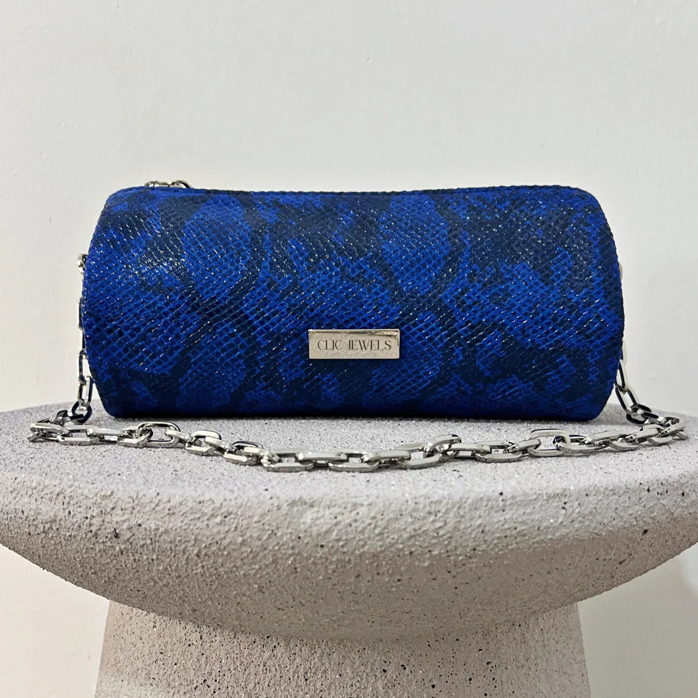 Barrel Bag (electric blue python print genuine leather)