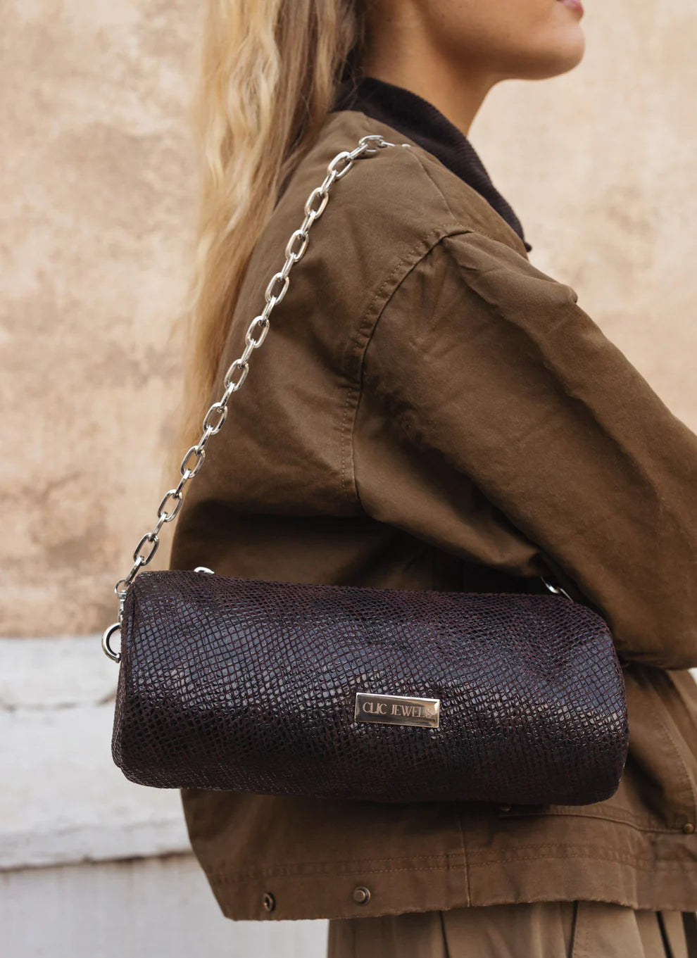 Barrel Bag (dark brown python print genuine leather)