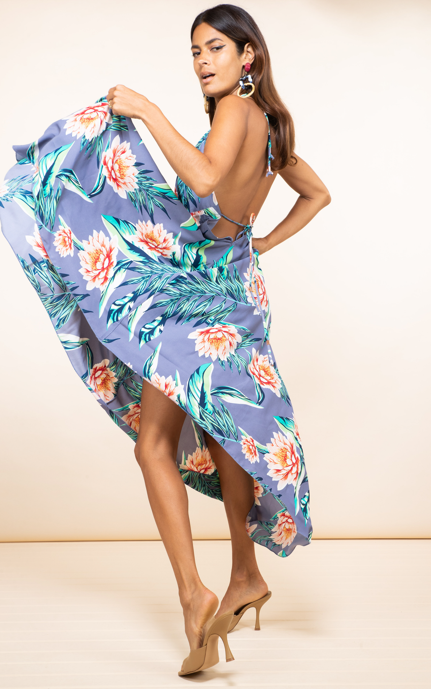 Grey Lotus Tropical Backless Dress