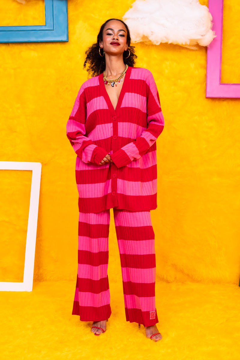 Sara Knitted Pants Pink Red Stripes Πλεκτό Παντελόνι Petit Boutik