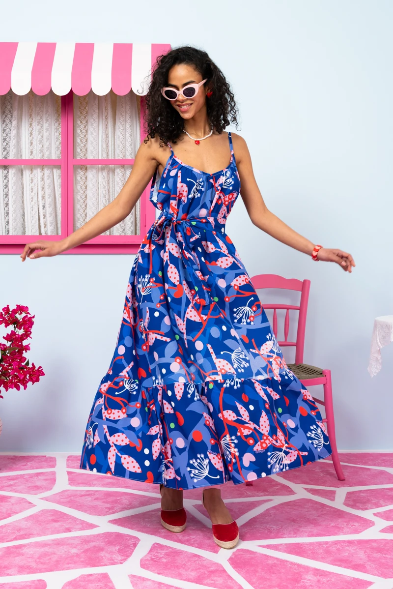 Linda Frill Dress Vis Blue Pink Floral Τιραντέ Φόρεμα με Ζώνη & Τσέπες Petit Boutik