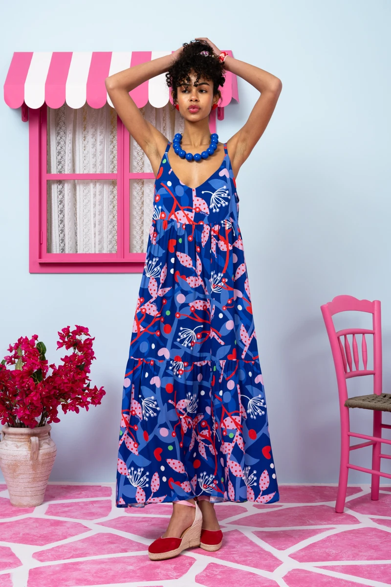 Athena Dress Vis Blue Pink Floral Φόρεμα με Ζώνη & Τσέπες Petit Boutik