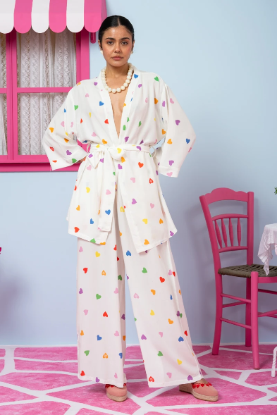 Loucia Kimono Vis Cream Hearts Rainbow Color Κιμονό με Ζώνη Petit Boutik