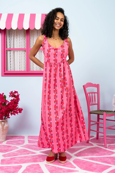 Naya Dress Pink Floral Stripes Εξώπλατο Με Δέσιμο Τιραντέ Φόρεμα & Τσέπες Petit Boutik