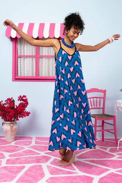 Matina Dress Blue Hearts Pink Spikes Φόρεμα με Ζώνη & Τσέπες Petit Boutik