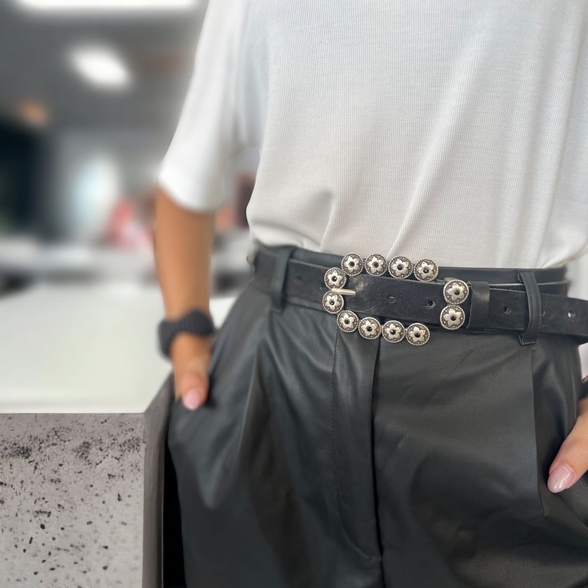 Flower Black Leather Belt