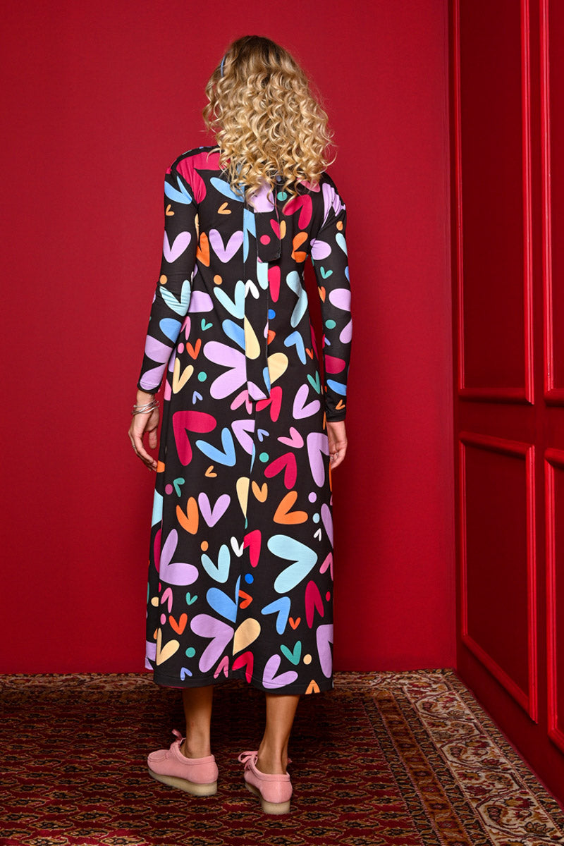 Amelia Dress Black Multi Hearts Φούτερ Φόρεμα με Ζώνη Petit Boutik