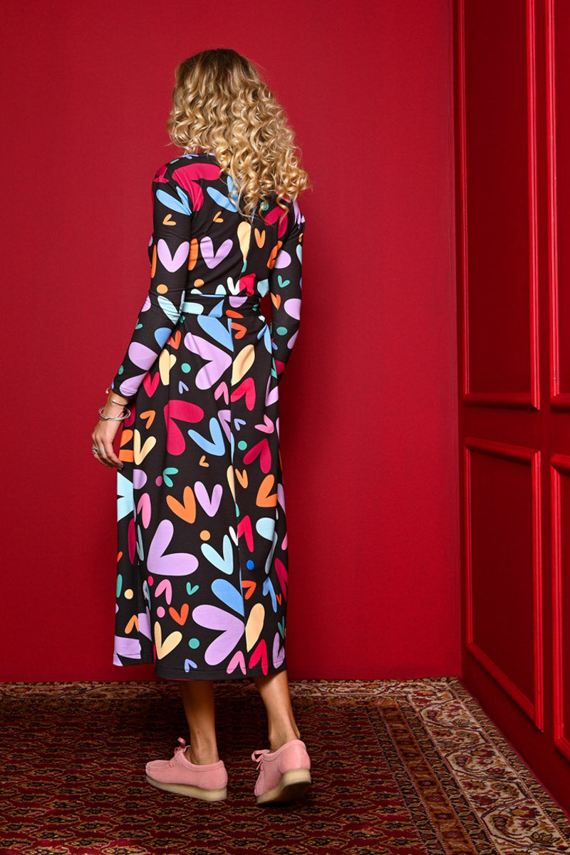 Amelia Dress Black Multi Hearts Φούτερ Φόρεμα με Ζώνη Petit Boutik