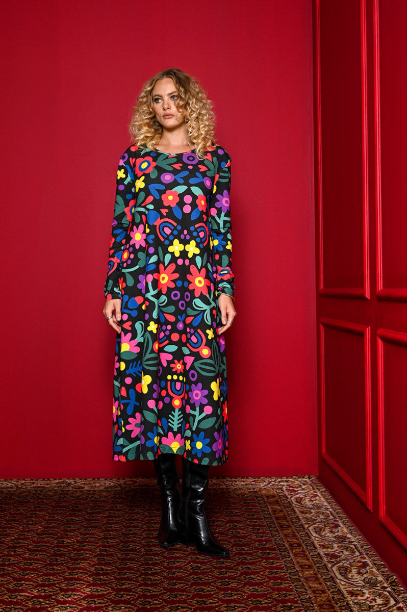 Amelia Dress Mexican Flowers Black Φούτερ Φόρεμα με Ζώνη Petit Boutik