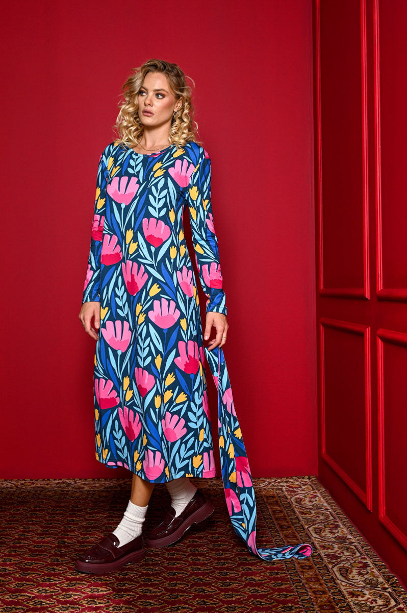 Amelia Dress Petrol Pink Tulips Φούτερ Φόρεμα με Ζώνη Petit Boutik