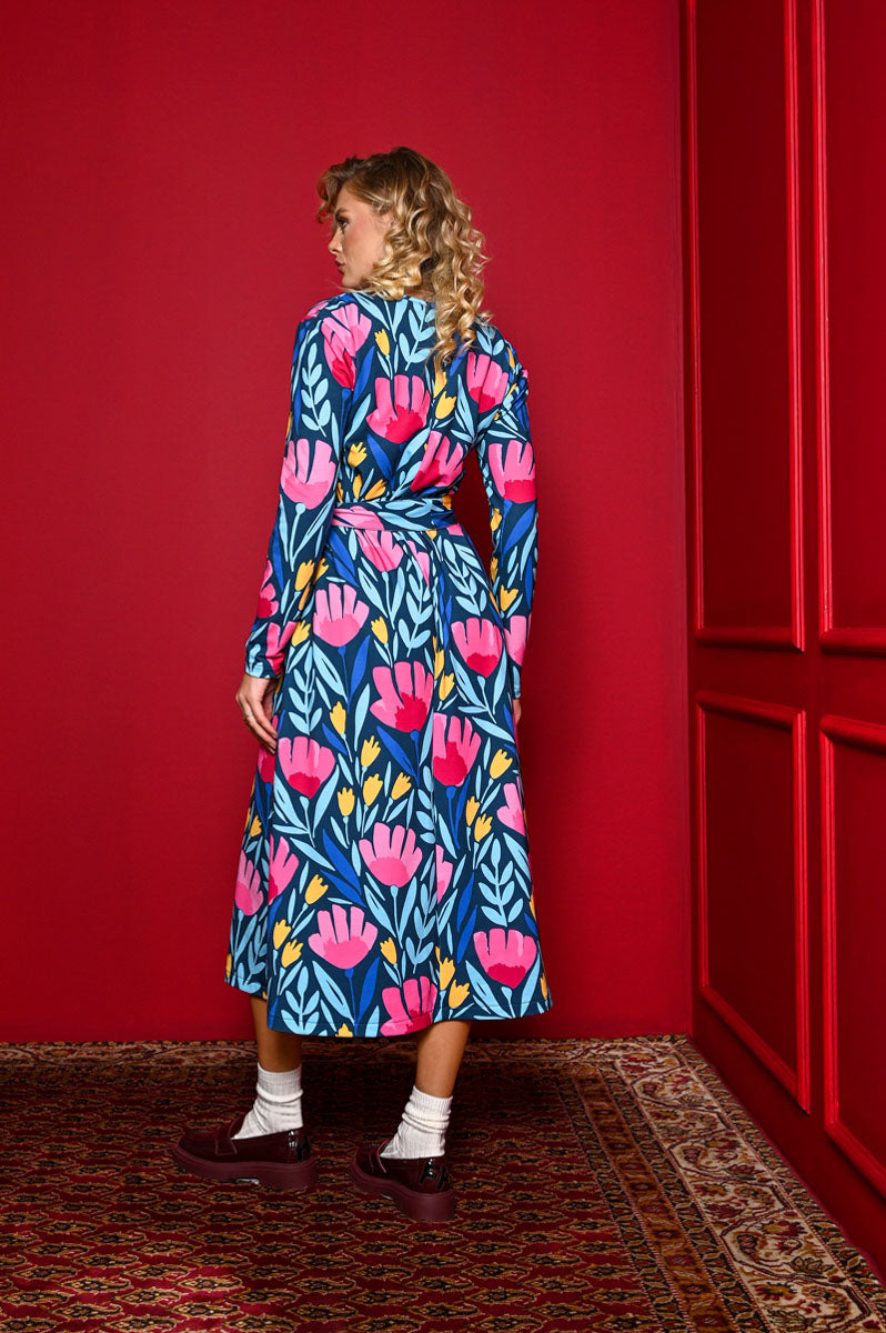 Amelia Dress Petrol Pink Tulips Φούτερ Φόρεμα με Ζώνη Petit Boutik