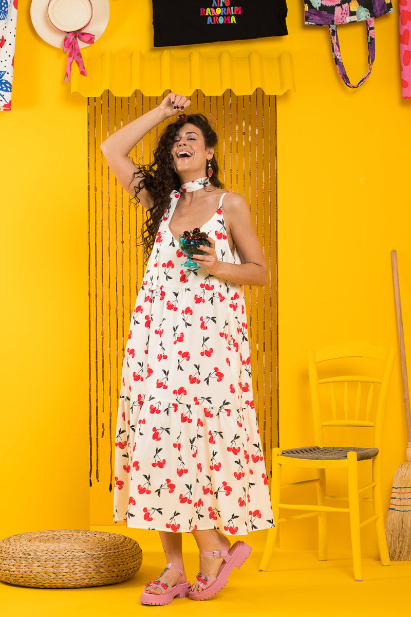 Athena Dress Cherries Hearts Άσπρο Φόρεμα με Ζώνη & Τσέπες