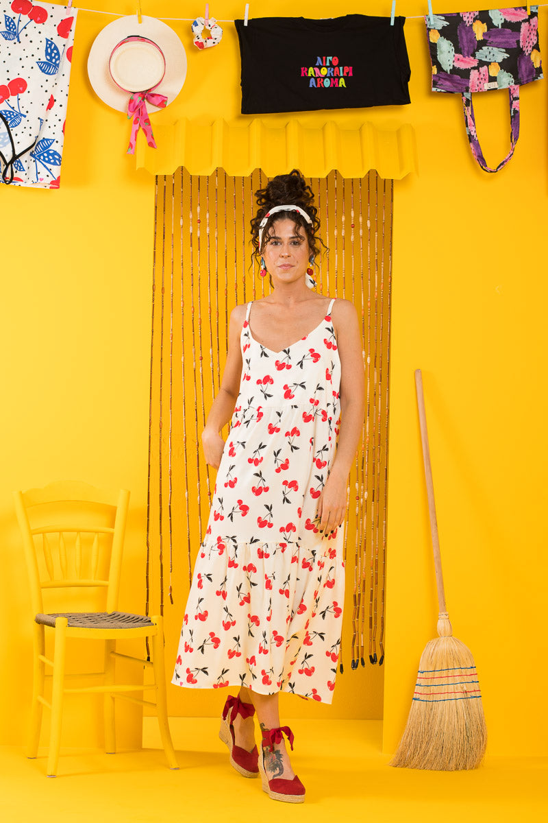 Athena Dress Cherries Hearts Άσπρο Φόρεμα με Ζώνη & Τσέπες