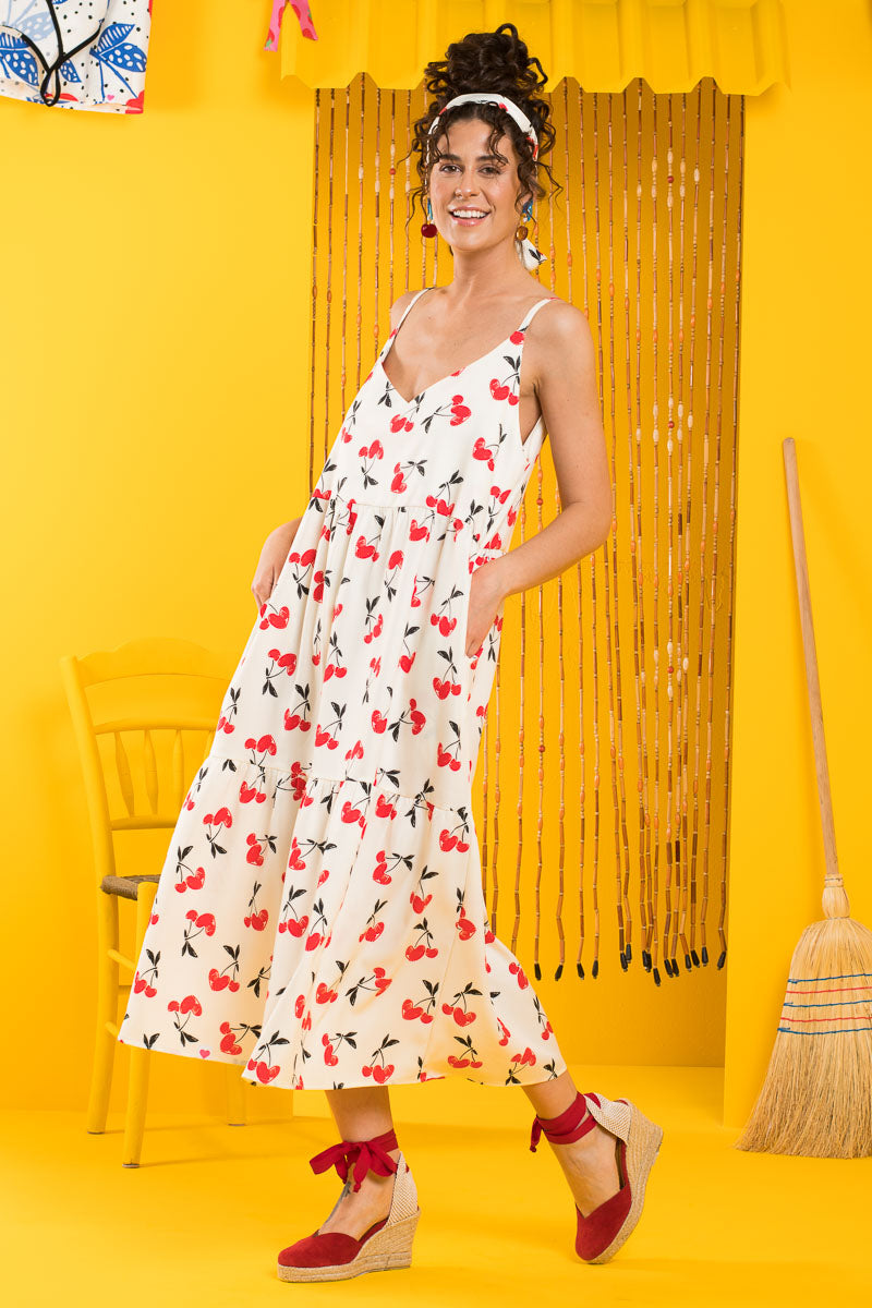 Athena Dress Cherries Hearts Άσπρο Φόρεμα με Ζώνη & Τσέπες