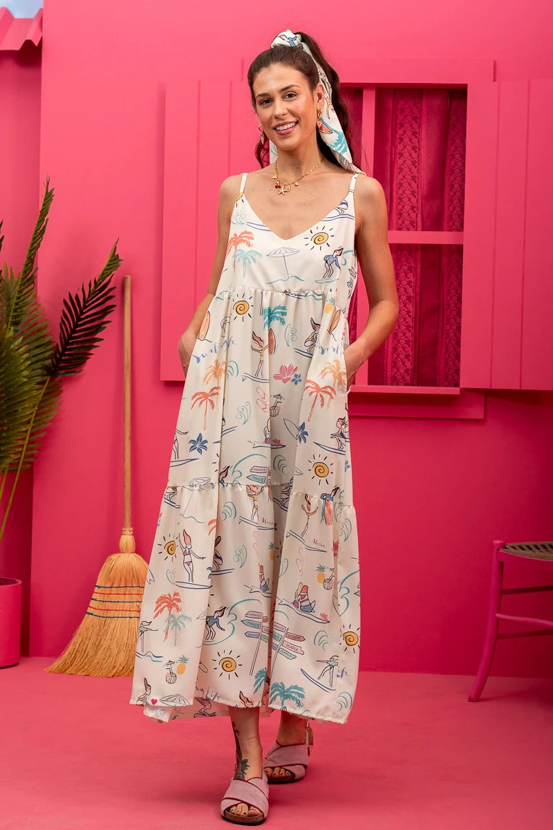 Athena Dress Cream Surf Beach Φόρεμα με Ζώνη & Τσέπες Petit Boutik