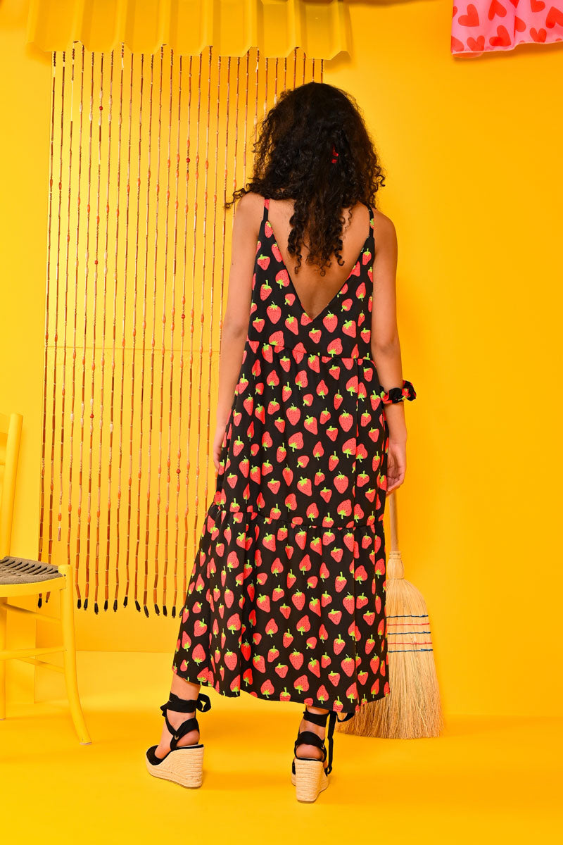Athena Dress Red Strawberries Μαύρο Φόρεμα με Ζώνη & Τσέπες