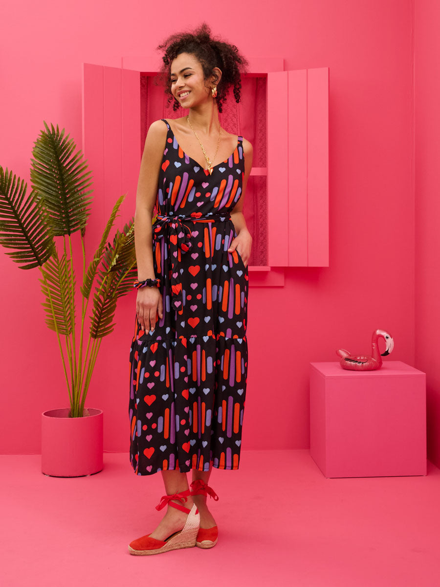 Athena Dress Vis Black Game Hearts Φόρεμα με Ζώνη & Τσέπες Petit Boutik