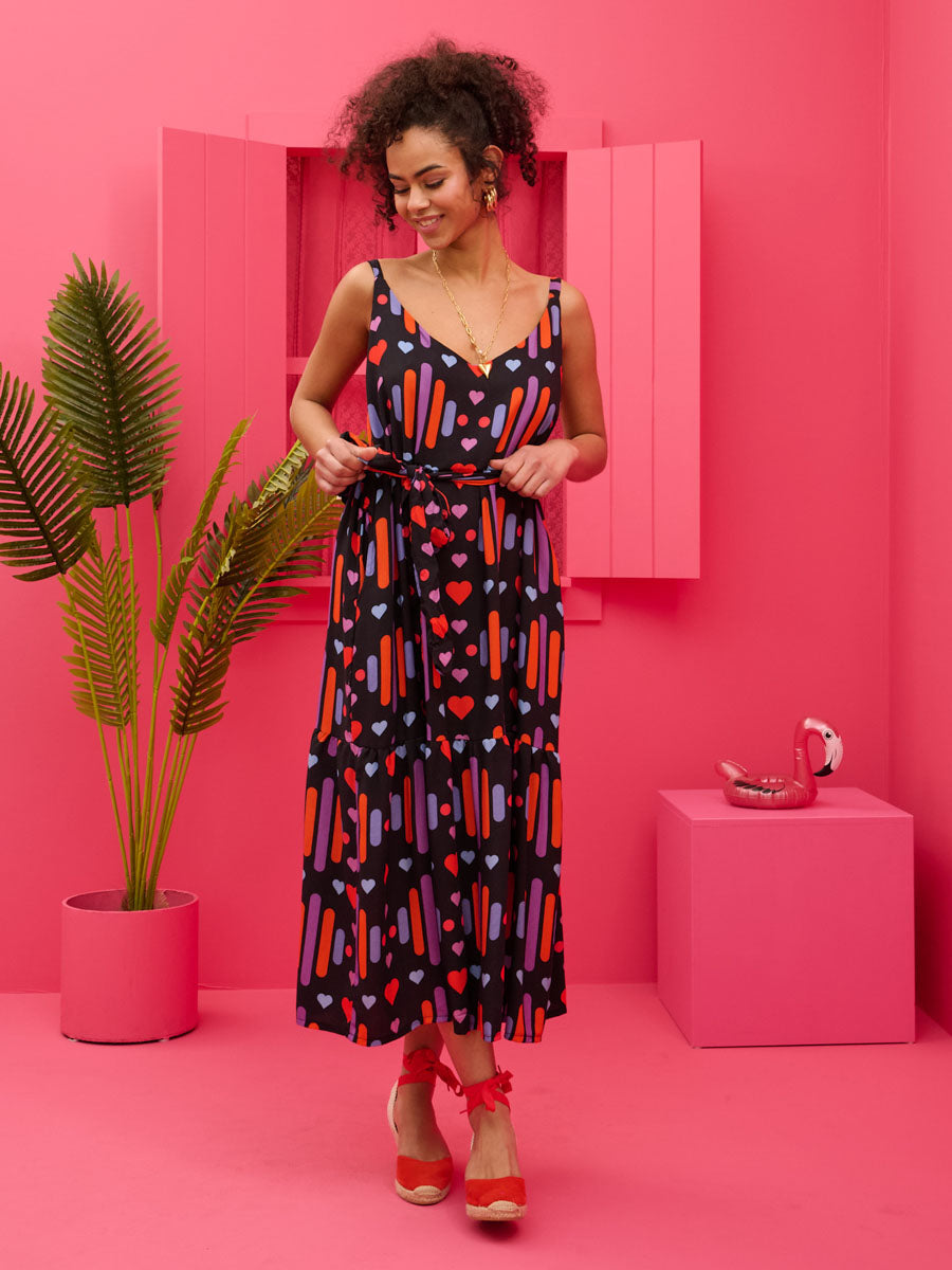 Athena Dress Vis Black Game Hearts Φόρεμα με Ζώνη & Τσέπες Petit Boutik
