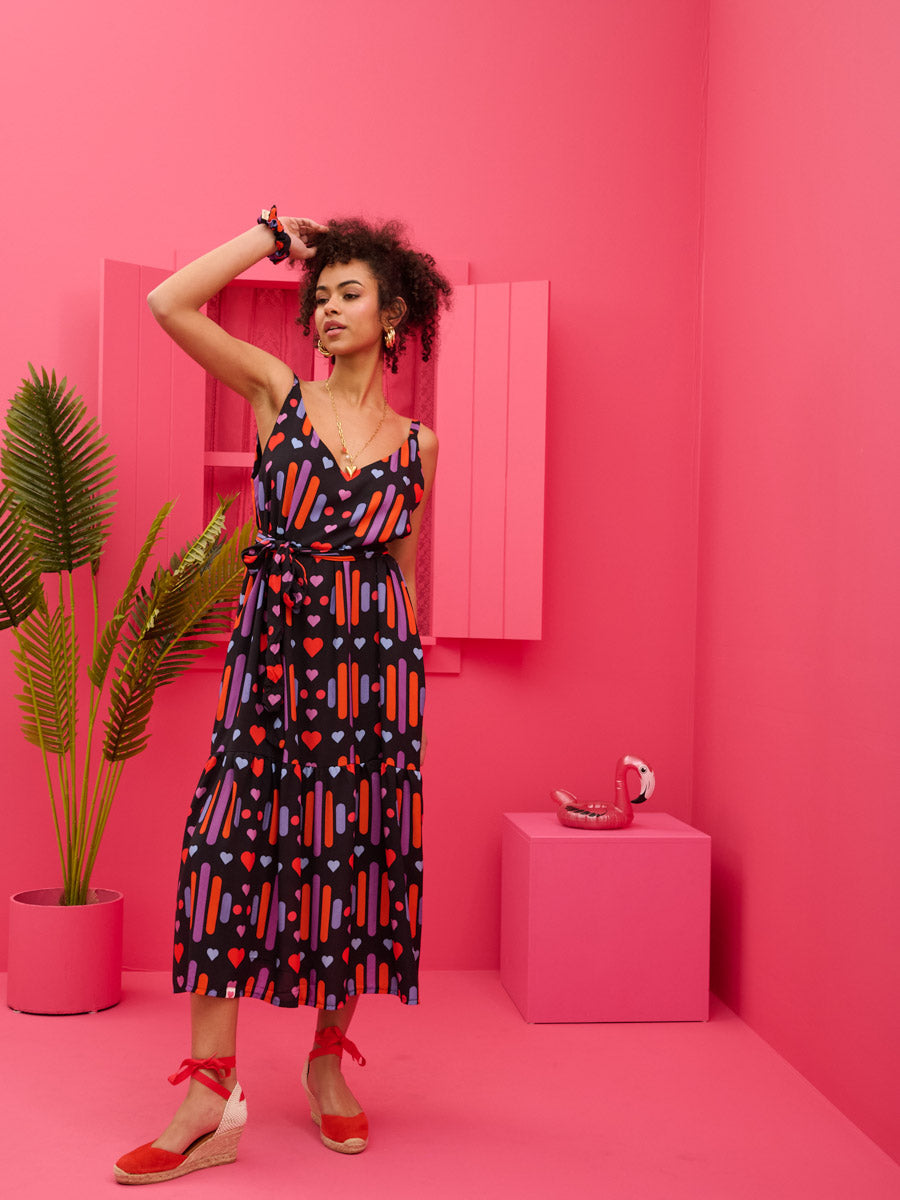 Athena Dress Vis Black Game Hearts Φόρεμα με Ζώνη & Τσέπες Petit Boutik