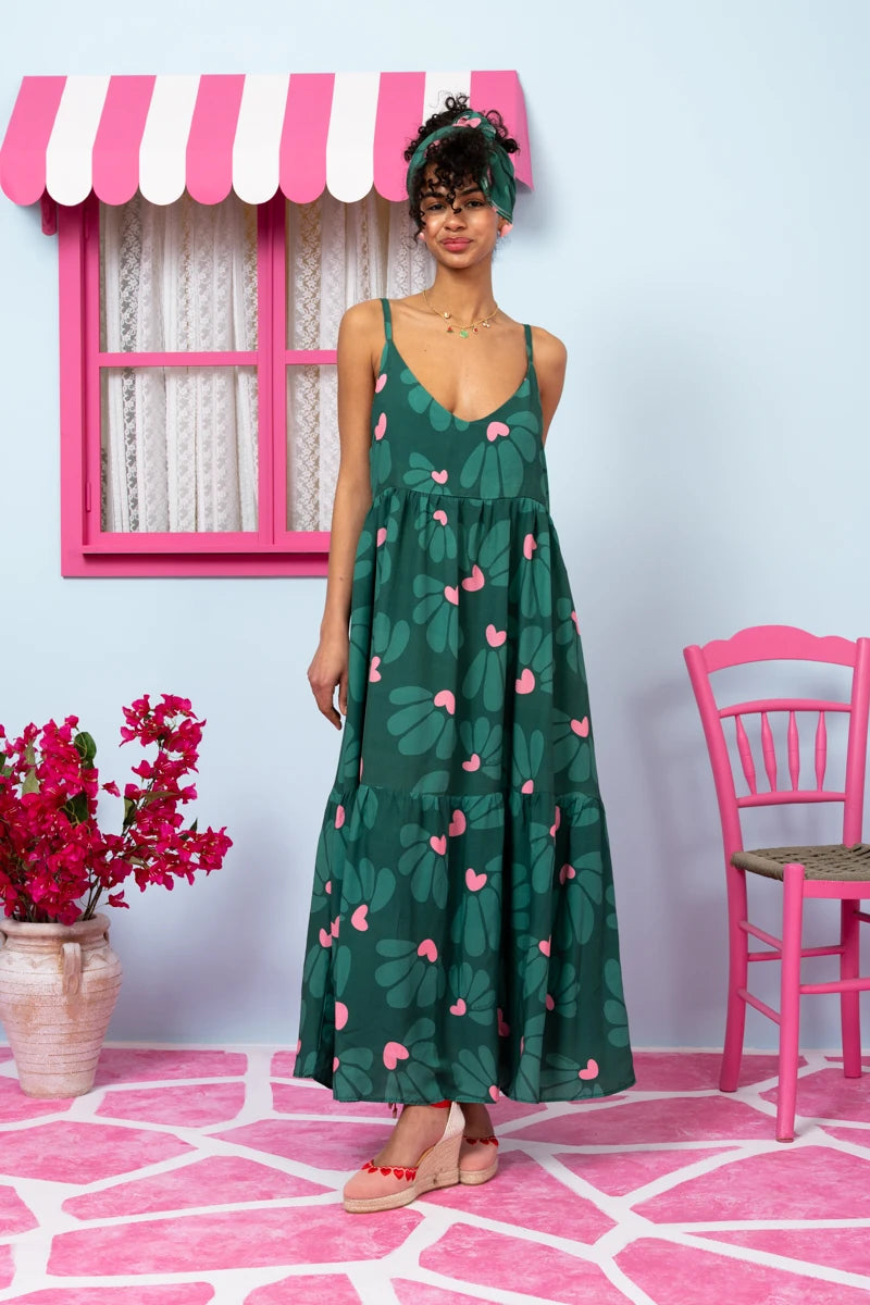 Athena Dress Vis Green Leaves Pink Hearts Φόρεμα με Ζώνη & Τσέπες Petit Boutik