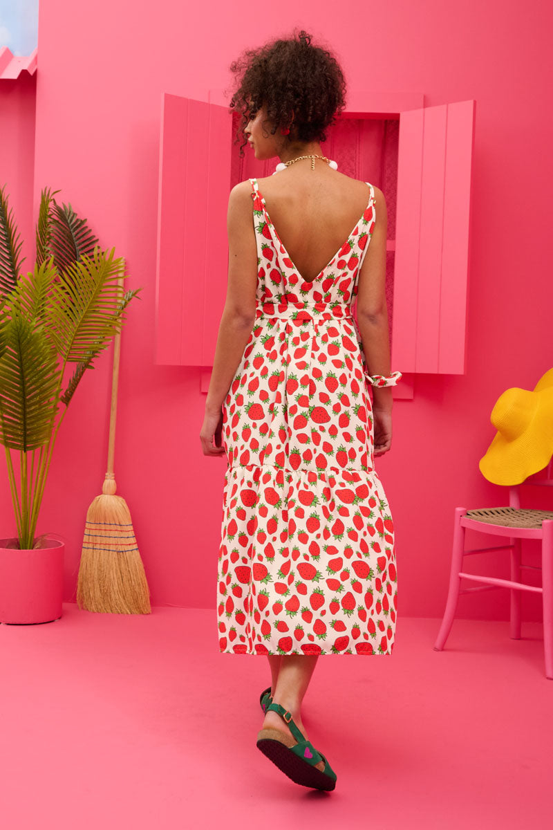 Athena Dress White Strawberries Φόρεμα με Ζώνη & Τσέπες Petit Boutik