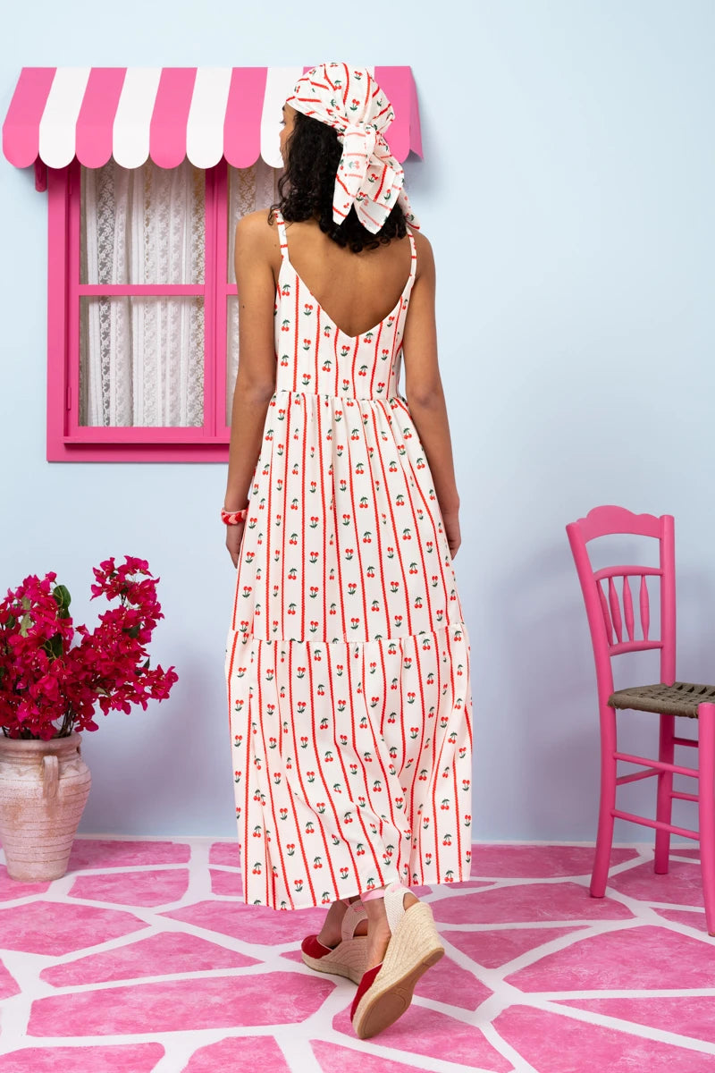 Athena Dress White Stripes Cherries Φόρεμα με Ζώνη & Τσέπες Petit Boutik