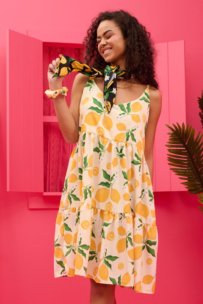 Beverly Short Dress Cream Lemons Τιραντέ Φόρεμα με Ζώνη & Τσέπες Petit Boutik