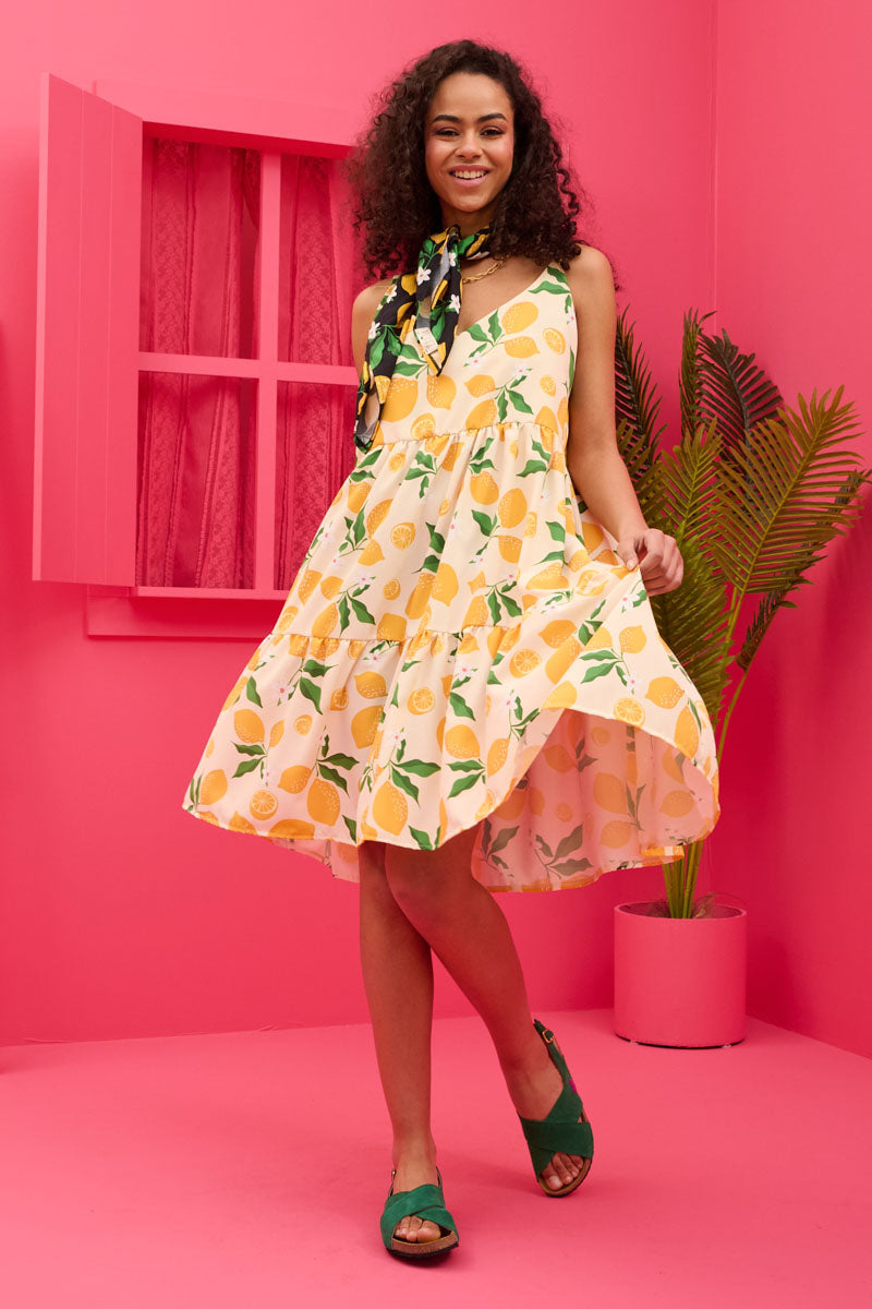 Beverly Short Dress Cream Lemons Τιραντέ Φόρεμα με Ζώνη & Τσέπες Petit Boutik
