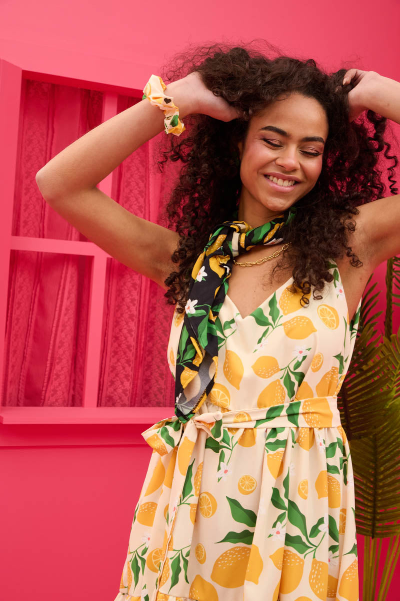 Beverly Short Dress Cream Lemons Τιραντέ Φόρεμα με Ζώνη & Τσέπες Petit Boutik