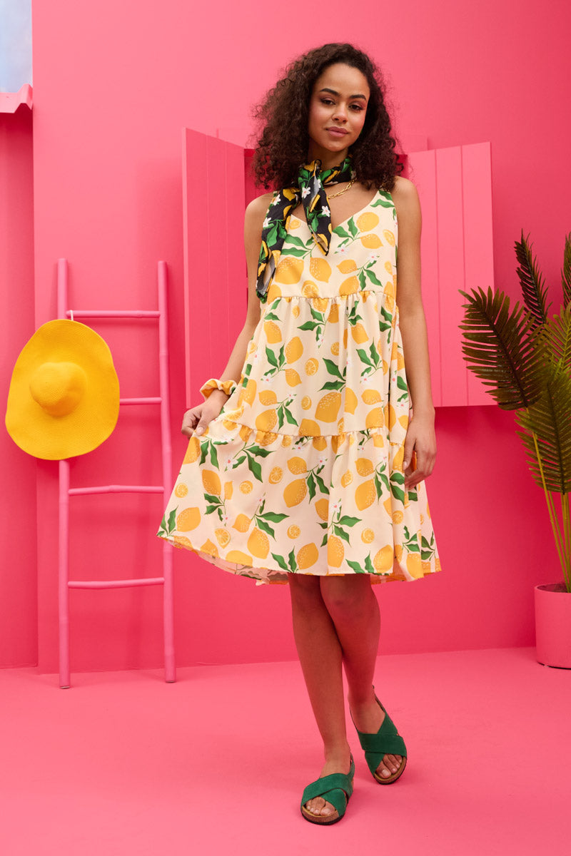 Beverly Short Dress Cream Lemons Τιραντέ Φόρεμα με Ζώνη & Τσέπες Petit Boutik