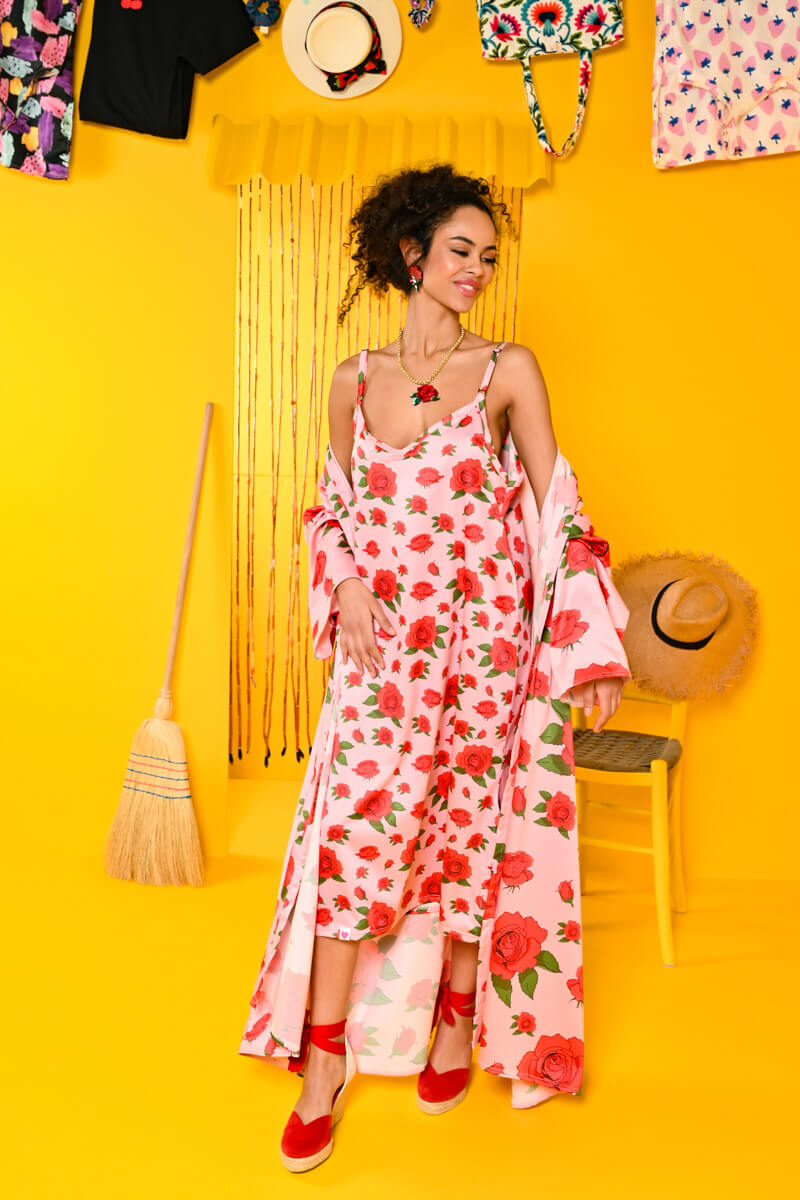 Demy Slip Dress Pink Red Roses Φόρεμα Τιραντέ