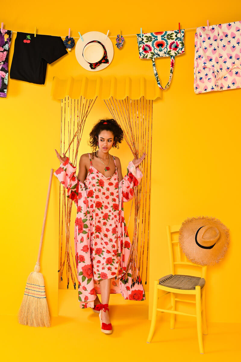 Demy Slip Dress Pink Red Roses Φόρεμα Τιραντέ