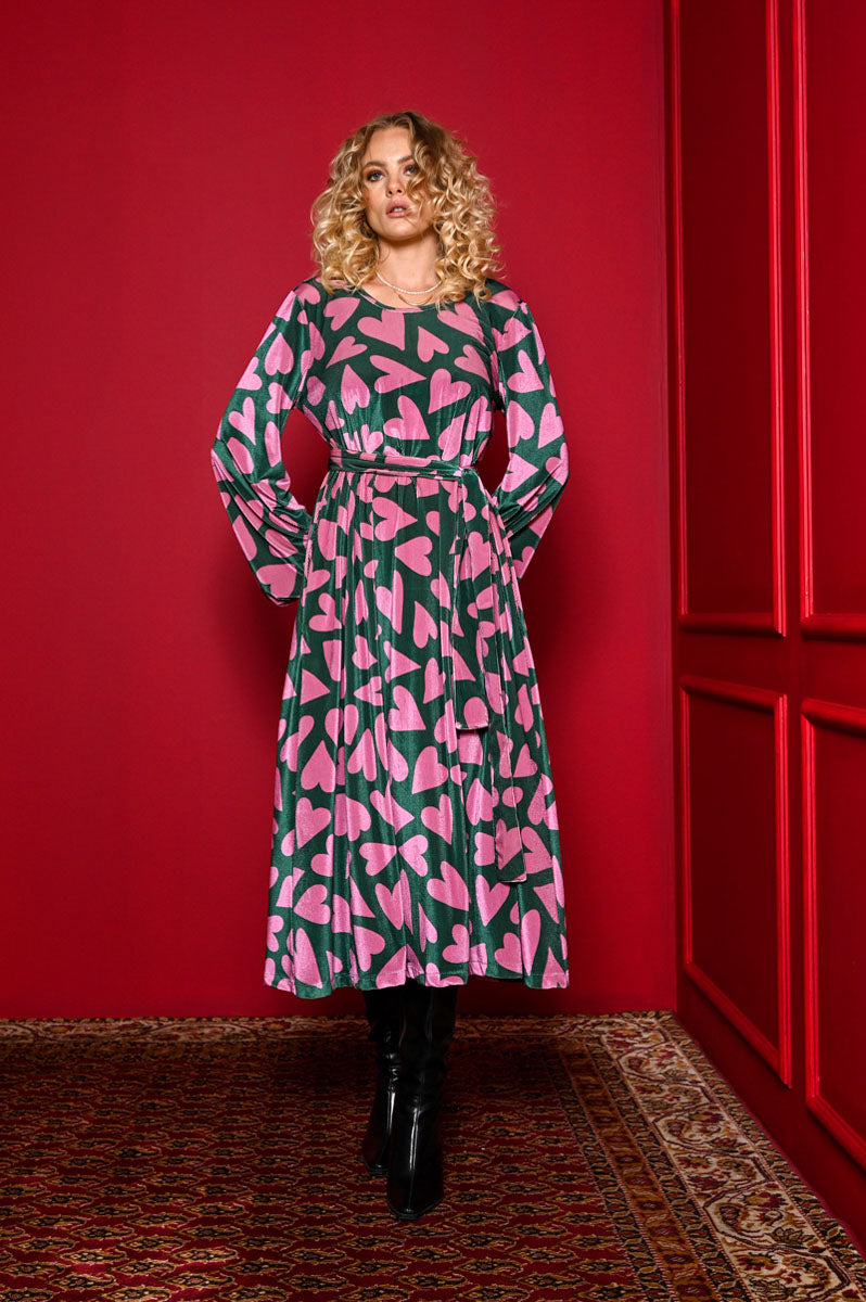 Dolores Dress Green Pink Hearts Velvet Rip Φόρεμα με Ζώνη & Τσέπες Petit Boutik