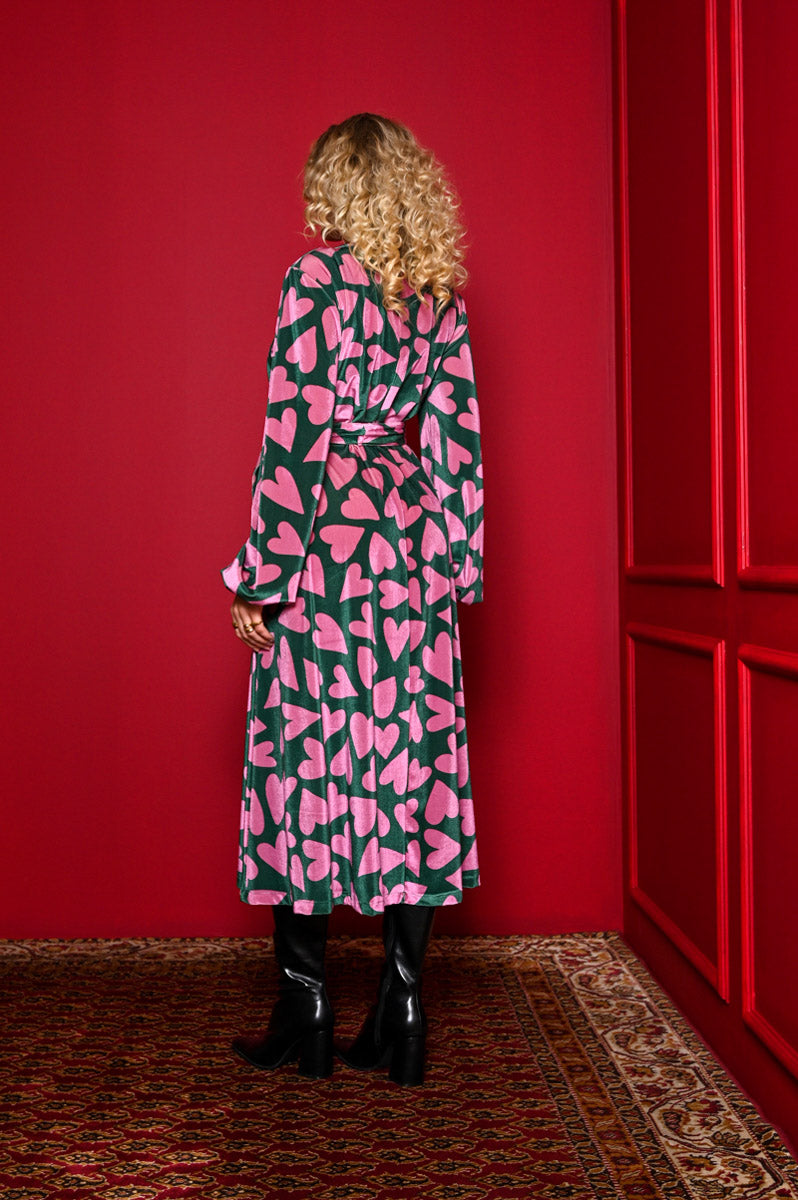 Dolores Dress Green Pink Hearts Velvet Rip Φόρεμα με Ζώνη & Τσέπες Petit Boutik