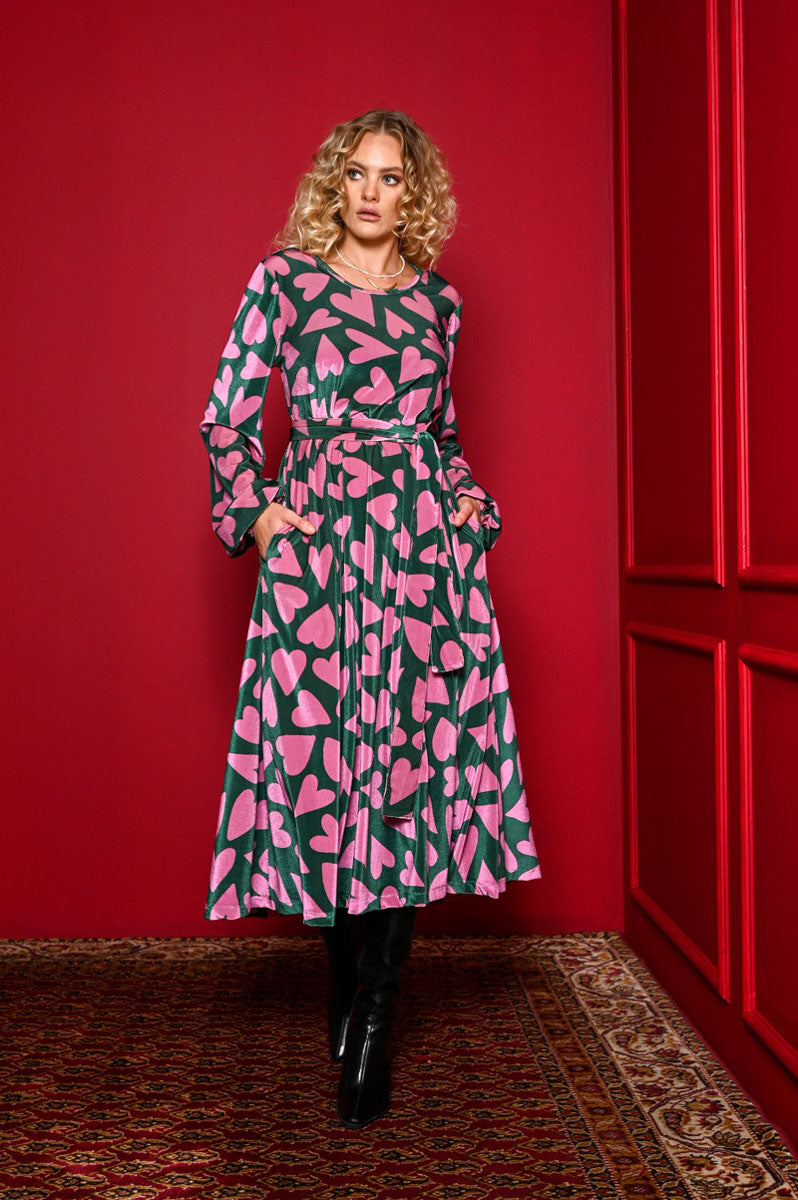 Dolores Dress Green Pink Hearts Velvet Rip Φόρεμα με Ζώνη & Τσέπες Petit Boutik