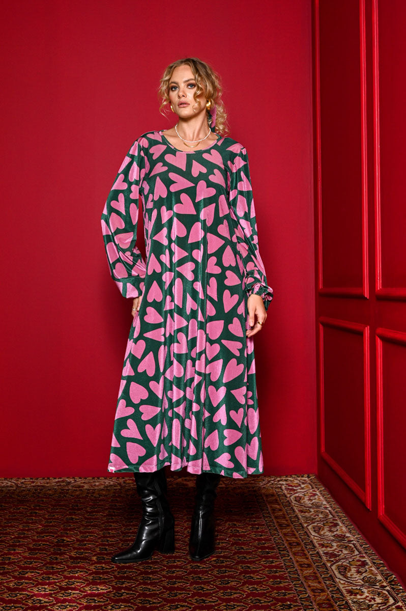 Dolores Dress Green Pink Hearts Velvet Rip Φόρεμα με Ζώνη & Τσέπες Petit Boutik