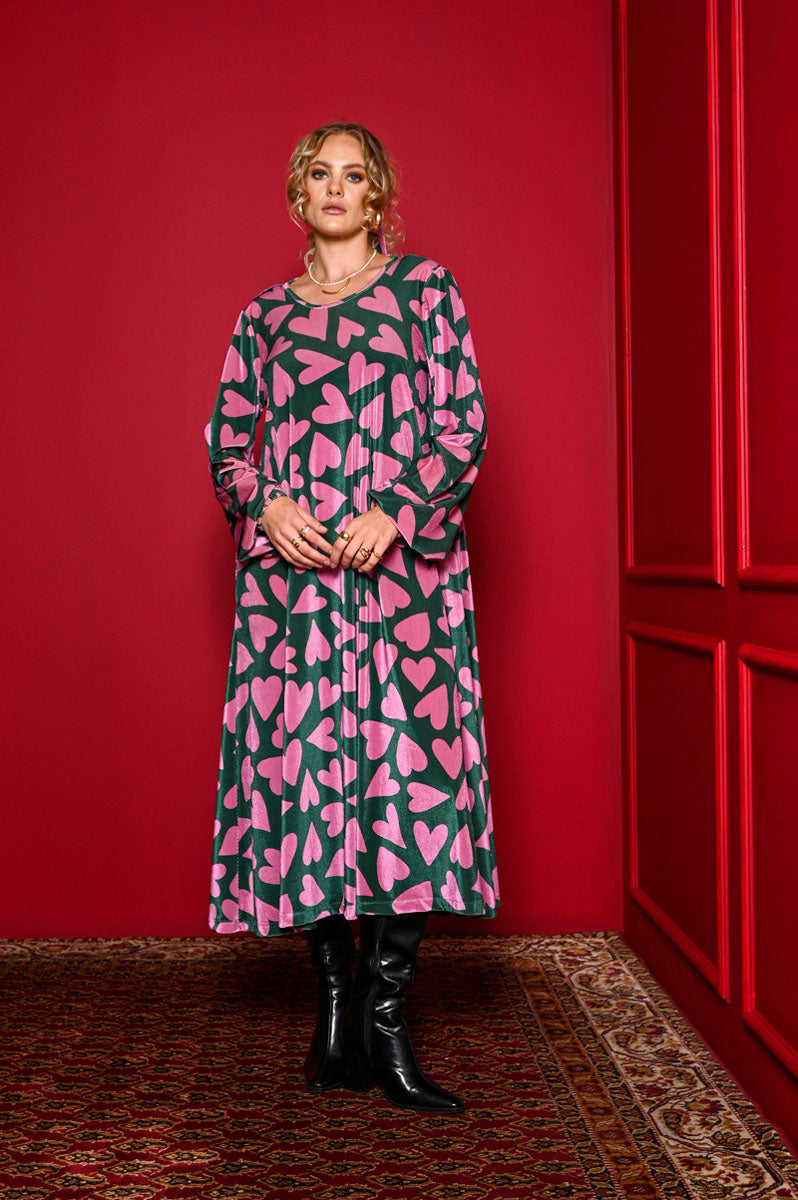 Dolores Dress Green Pink Hearts Velvet Rip Φόρεμα με Ζώνη & Τσέπες Petit Boutik