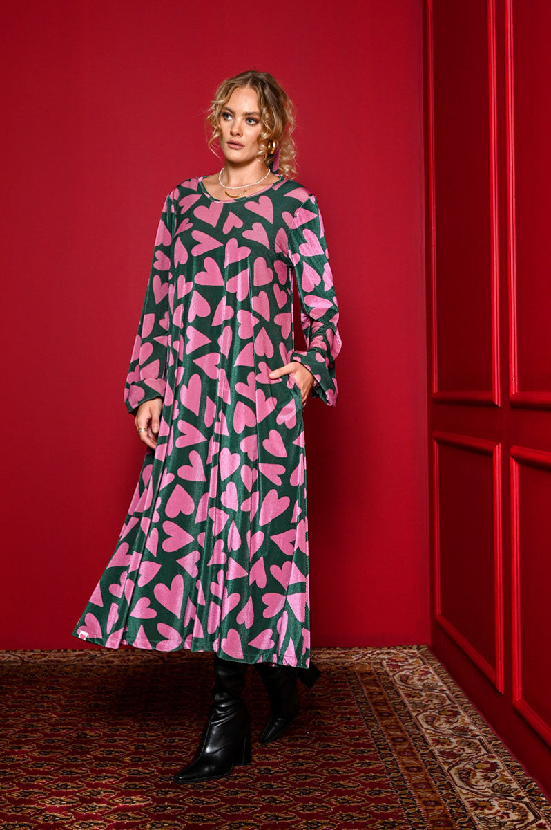 Dolores Dress Green Pink Hearts Velvet Rip Φόρεμα με Ζώνη & Τσέπες Petit Boutik