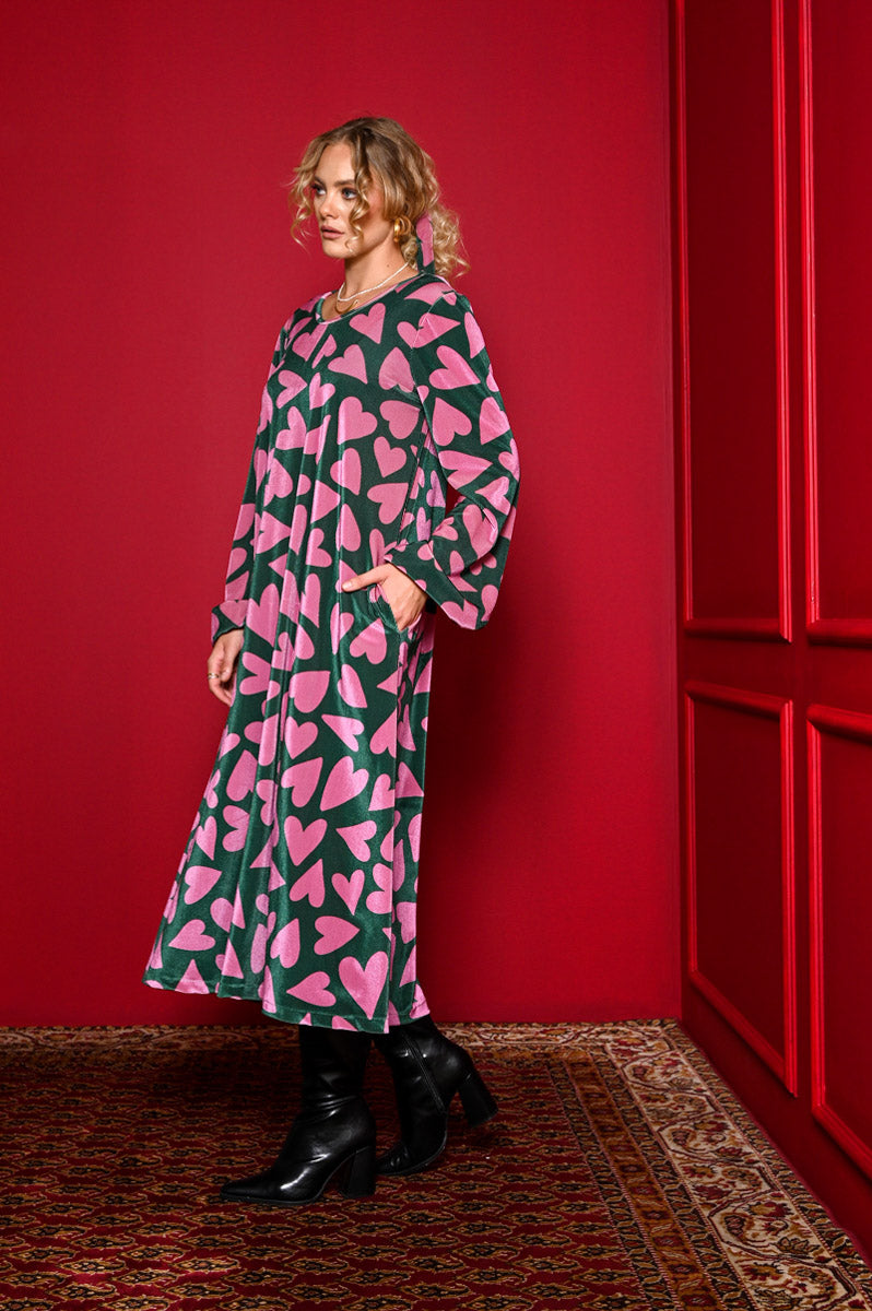 Dolores Dress Green Pink Hearts Velvet Rip Φόρεμα με Ζώνη & Τσέπες Petit Boutik