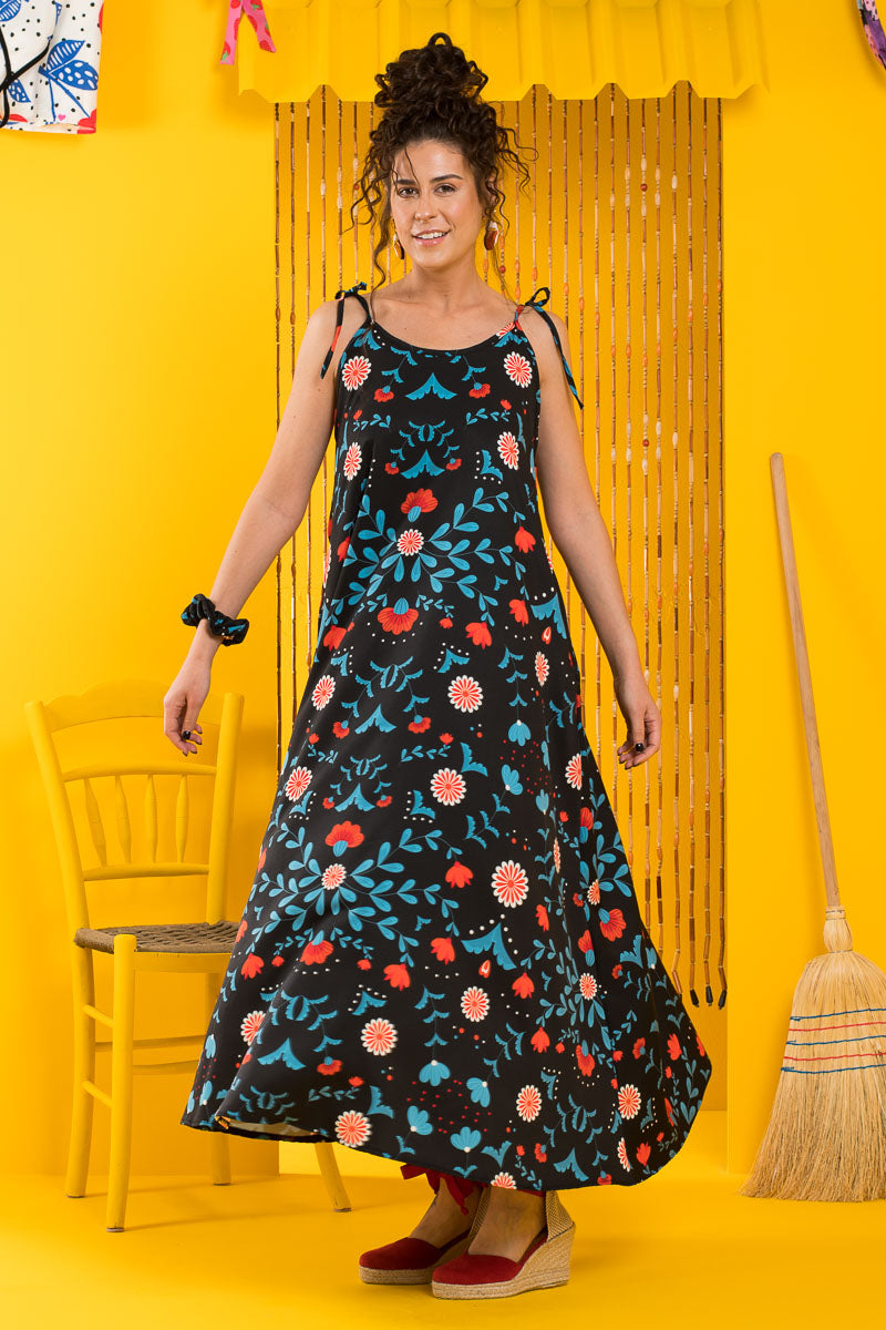 Dream Dress Blue Folk Floral Εξώπλατο Φόρεμα με Τσέπες