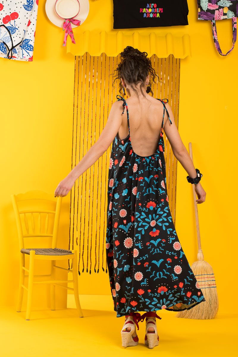 Dream Dress Blue Folk Floral Εξώπλατο Φόρεμα με Τσέπες