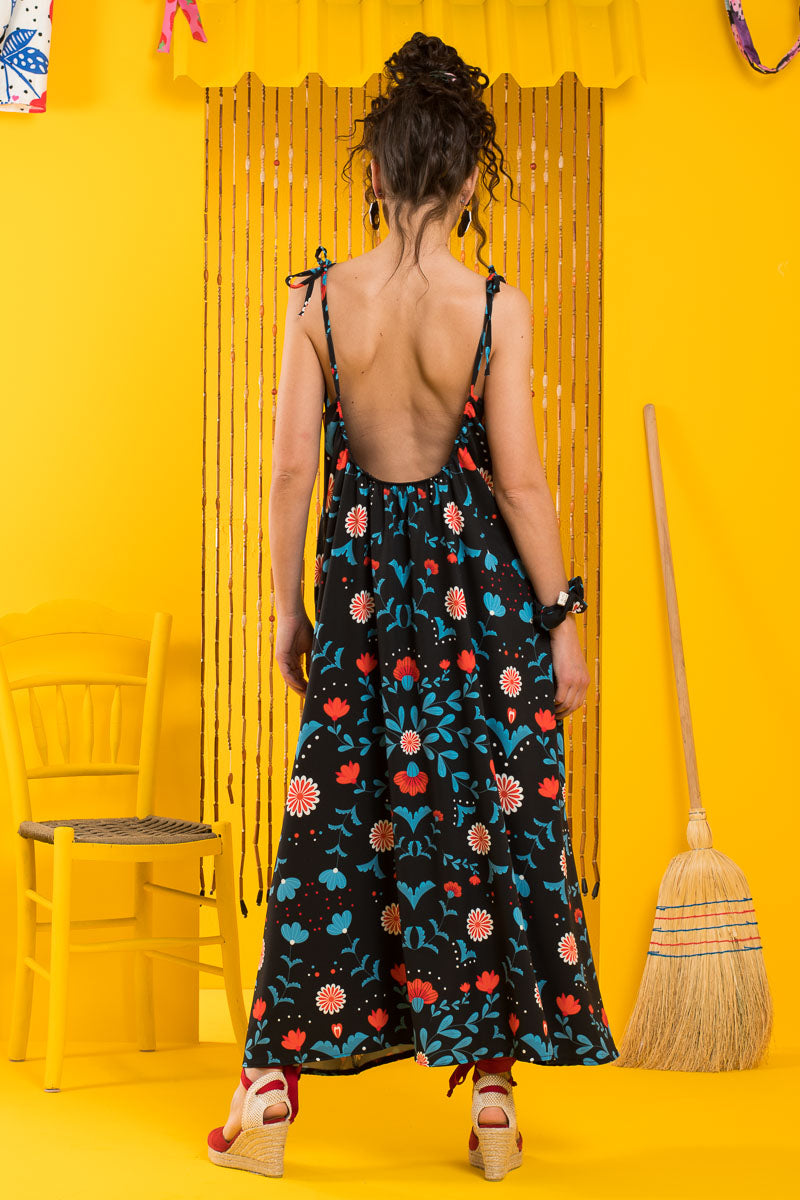 Dream Dress Blue Folk Floral Εξώπλατο Φόρεμα με Τσέπες